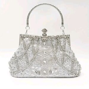Vintage Elegant Silver Embroidered Studded Embellished Formal Handbag Gun Metal